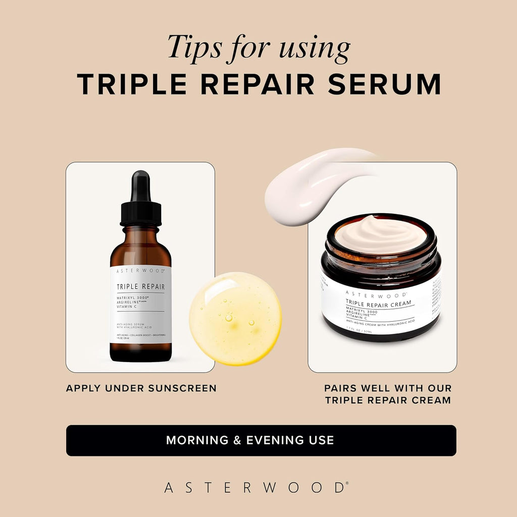 Asterwood Triple Repair Matrixyl 3000 + Argireline + Hyaluronic Acid + Vitamin C Serum for Face - Anti-Aging, Collagen Boosting, Hydrating - Fragrance-Free - 1 Fl Oz